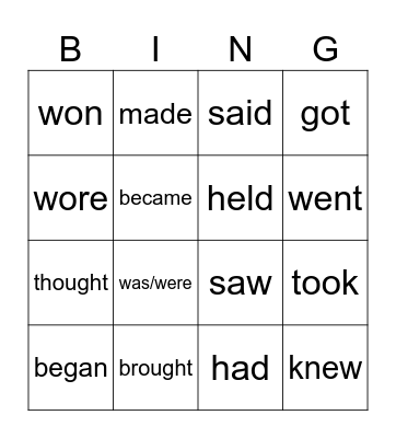 Irregular verbs Bingo Card