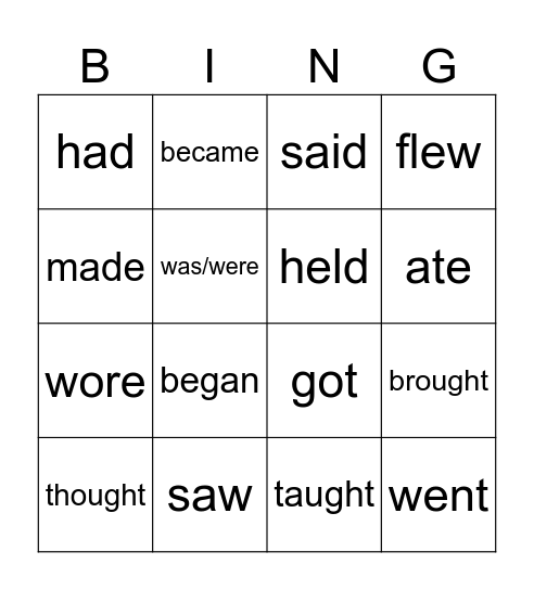 Irregular verbs Bingo Card