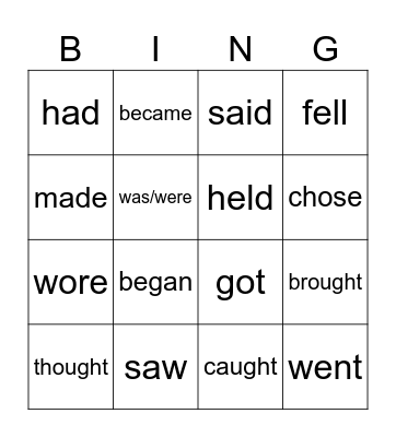 Irregular verbs Bingo Card
