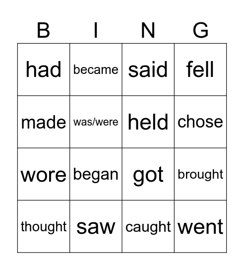Irregular verbs Bingo Card