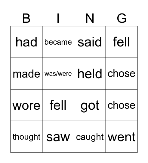 Irregular verbs Bingo Card