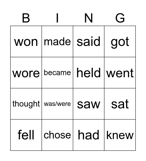 Irregular verbs Bingo Card