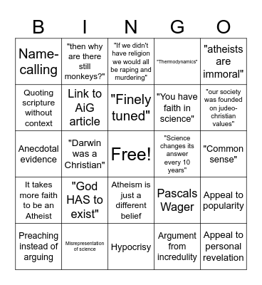 Shitty Theist Bingo Card