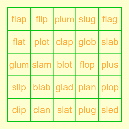 4 letter L-Blends Bingo Card
