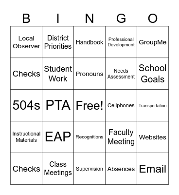 Back to School BINGO Card