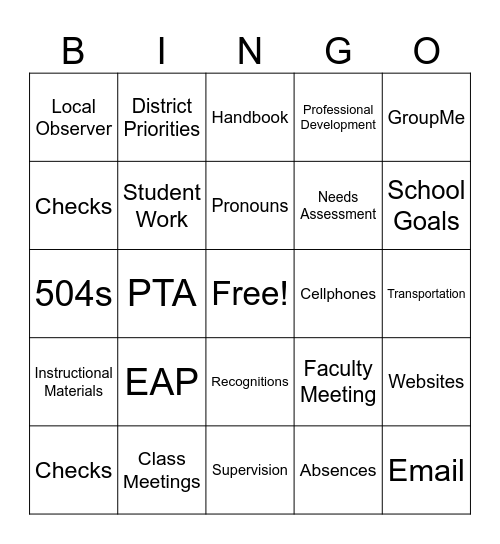 Back to School BINGO Card