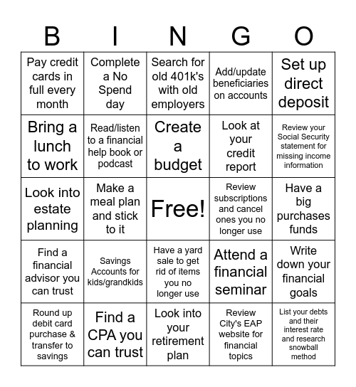 Financial Bingo Card