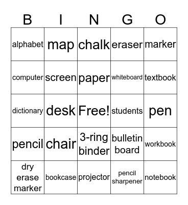 A Classroom  Bingo Card