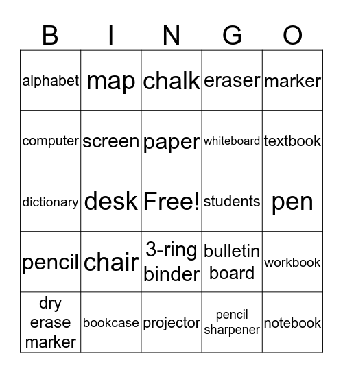 A Classroom  Bingo Card