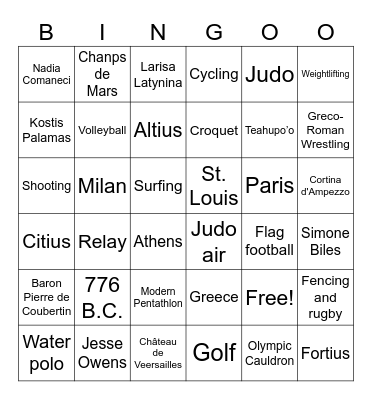 Olympic Bingo Card