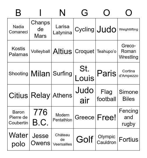 Olympic Bingo Card