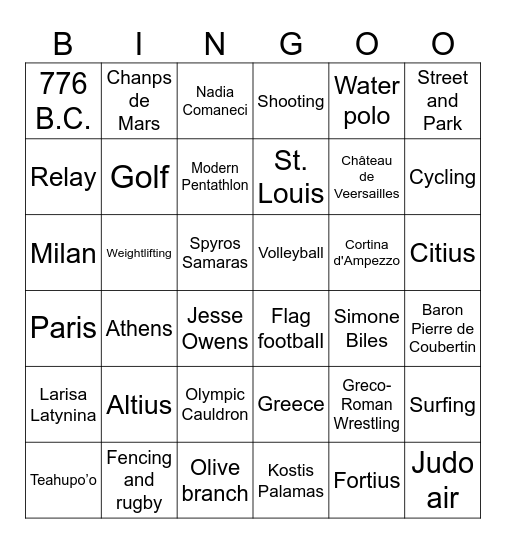 Olympic Bingo Card