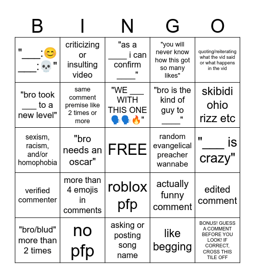 youtube shorts comments Bingo Card