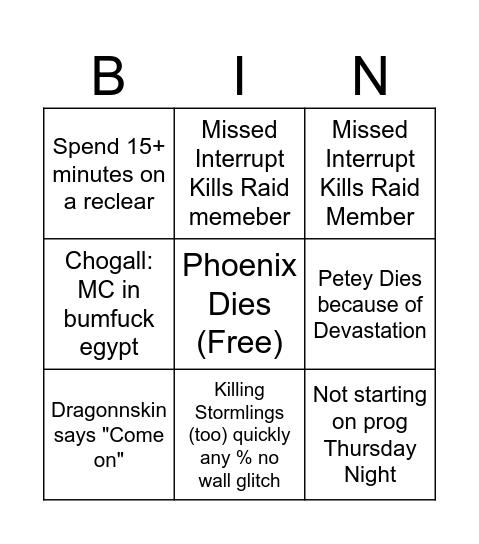 Never Go Full Retail Raid Night Bingo! Bingo Card