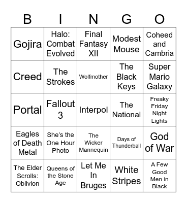 Movie Mashups, 2000s Video Games, & Rock Bingo Card