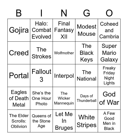 Movie Mashups, 2000s Video Games, & Rock Bingo Card