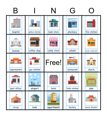 Places in the city Bingo Card