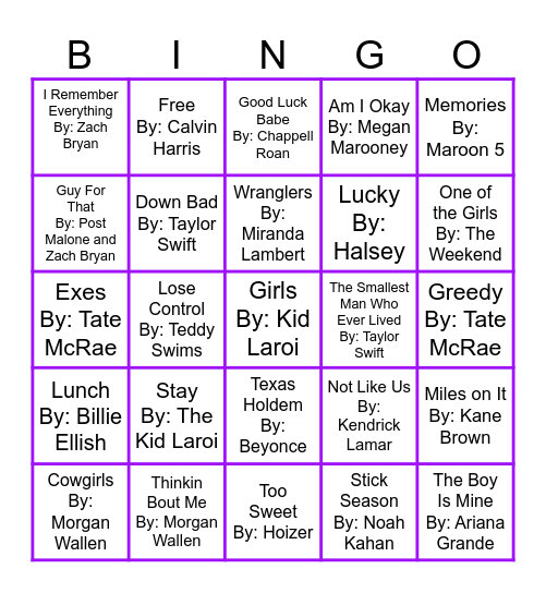 Top Hits of 2024 Round 2 Bingo Card