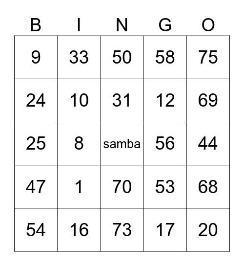 samba Bingo Card
