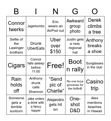 Anthony’s Bach Party Bingo Card