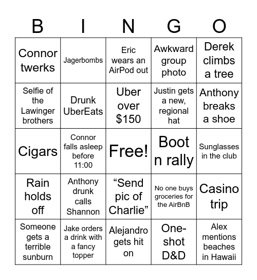 Anthony’s Bach Party Bingo Card