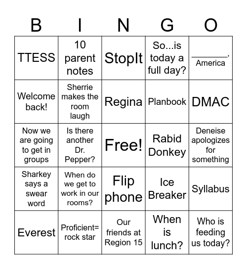 Inservice Bingo Card