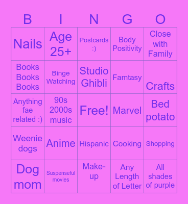 Jenni's Pen Pal Bingo Card
