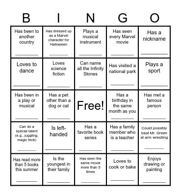 Get to Know Your Classmates Bingo Card