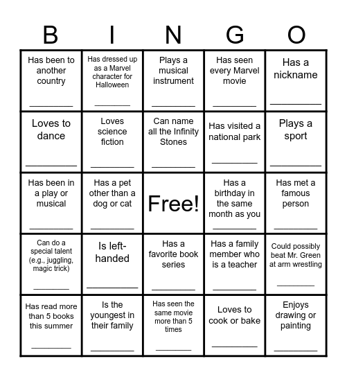 Get to Know Your Classmates Bingo Card