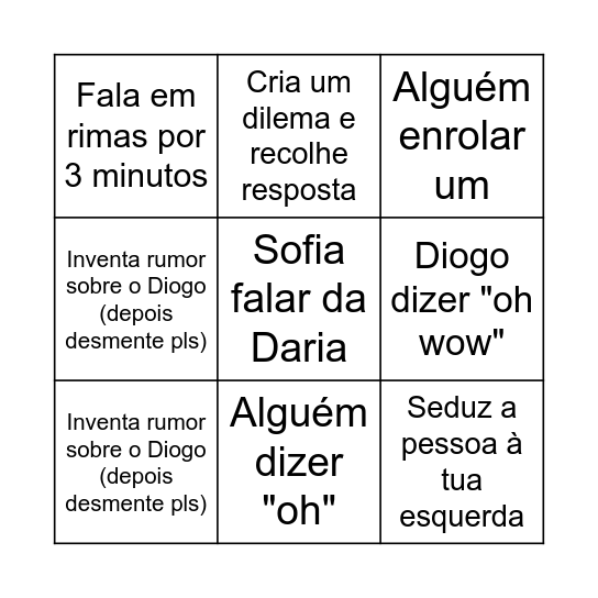 Tchau, Diogo Bingo Card