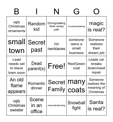 Halmark Christmas Movie Bingo Card