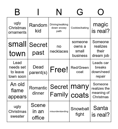 Halmark Christmas Movie Bingo Card