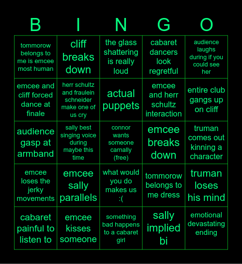 cabaret Bingo Card