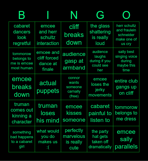 cabaret Bingo Card