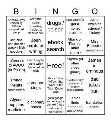 Murder of Roger Ackroyd Ch 13-14 Bingo Card