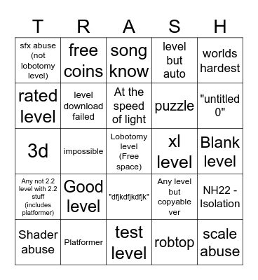 Geometry Dash 2.2 Recent Tab Bingo Card