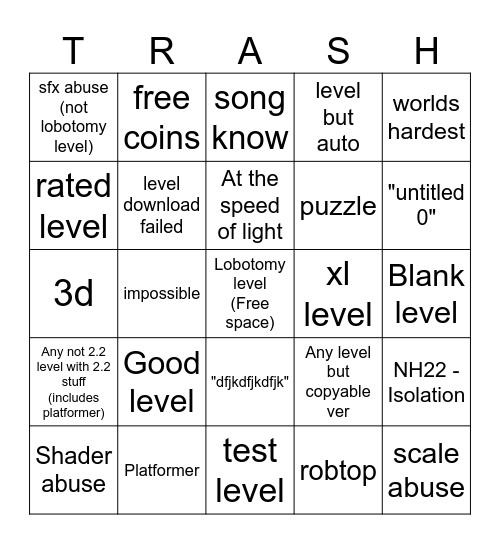 Geometry Dash 2.2 Recent Tab Bingo Card