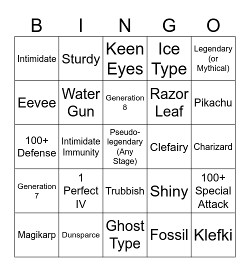 Pokémon Catching Bingo Card
