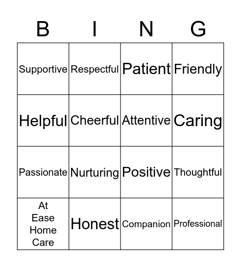 At Ease Home Care Bingo Card