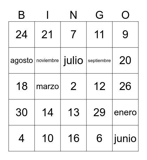 Lós números y los meses Bingo Card