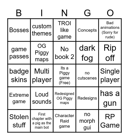 Piggy fangame bingo Card