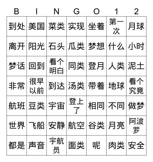 月亮上有什么 1 Bingo Card