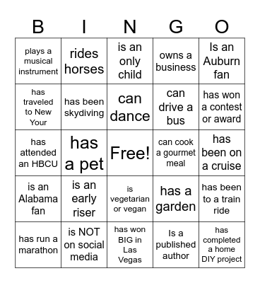 Getting to Know You Bingo Card