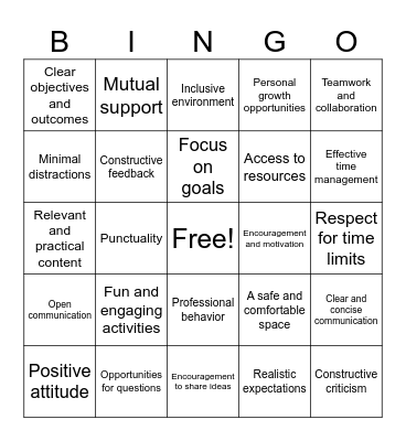 Training Expectations Bingo Card