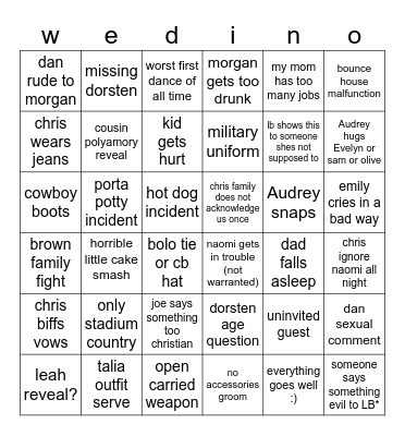 weddingo Bingo Card