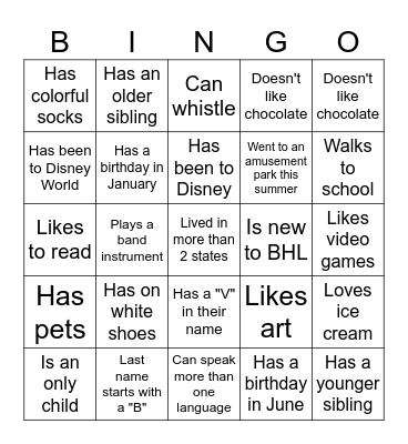 Middle School BINGO: Find someone who... Bingo Card
