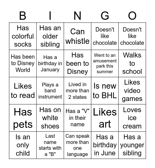 Middle School BINGO: Find someone who... Bingo Card