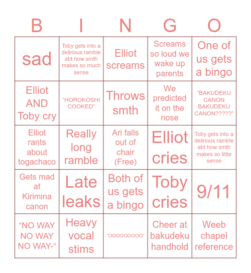 MHA Reaction Bingo Card