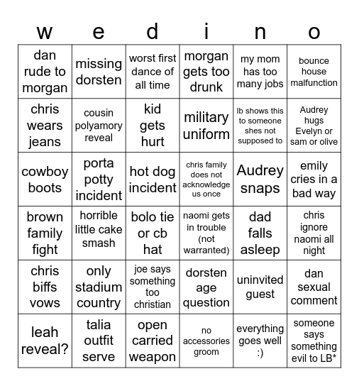 weddingo Bingo Card