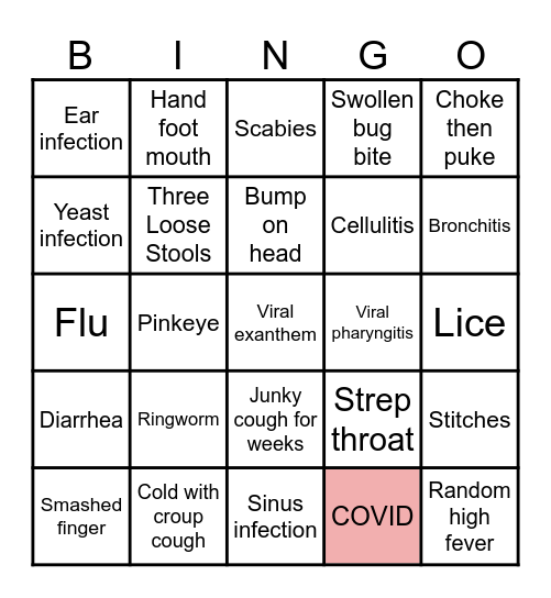 Preschool Illness Bingo Card